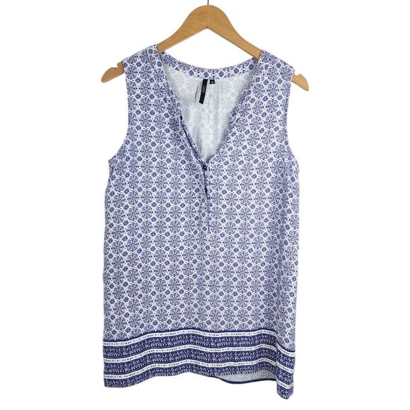 Cathy Sleeveless Top Blouse Neck Floral Blue White 1/4 Button Up Rayon Size M - Picture 1 of 14